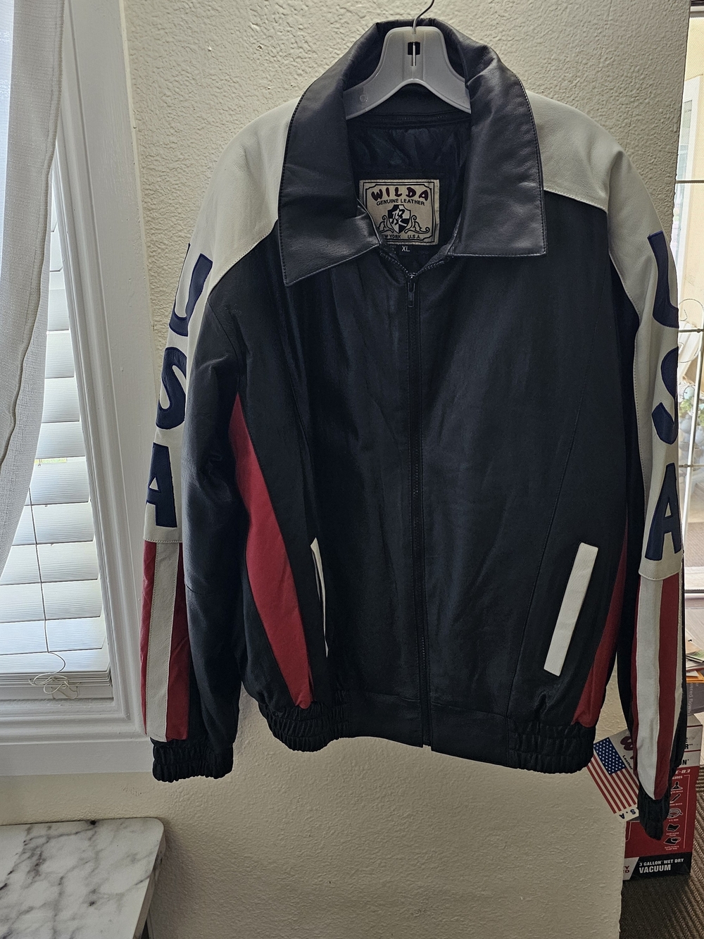 Wilda Black Leather USA Racing Jacket - Black/White/Red